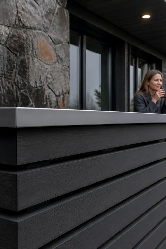 Horizontal slats under a continuous aluminum cap on a modern balcony