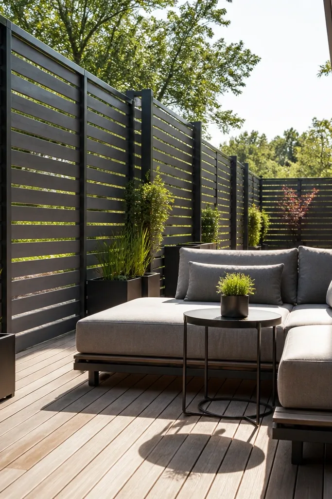 Charcoal railing with horizontal slats and small vertical fins at intervals
