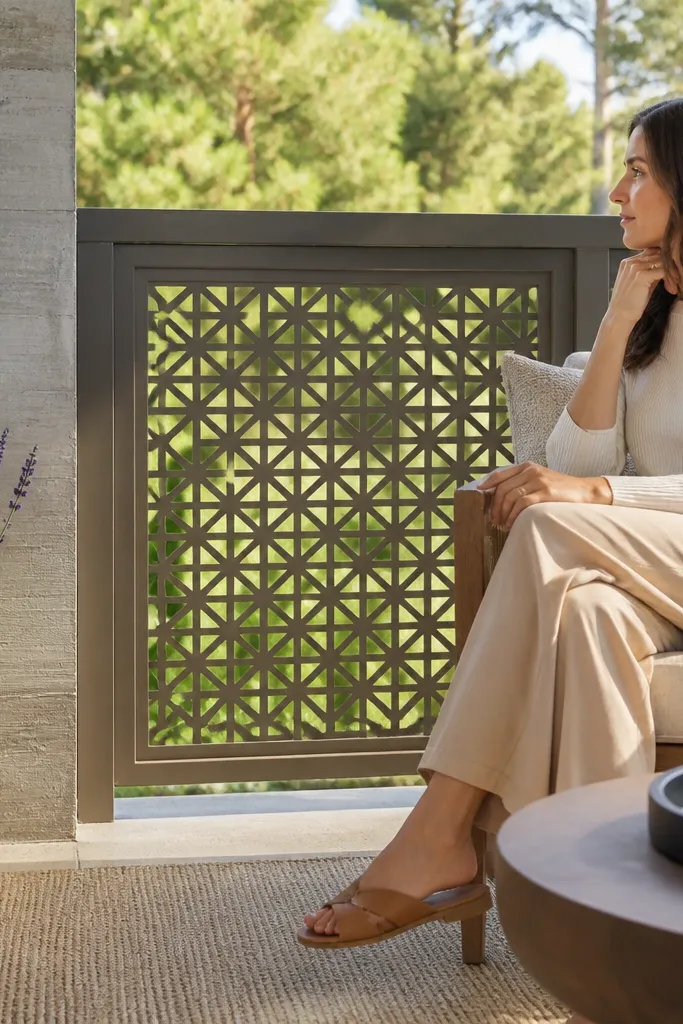Powder-coated aluminum lattice inserts in a balcony railing frame