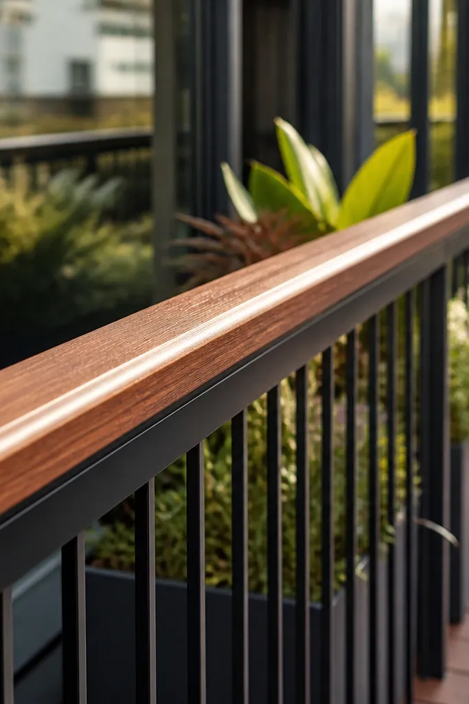 Wood-and-metal top rail with clean lines and hidden brackets on a balcony