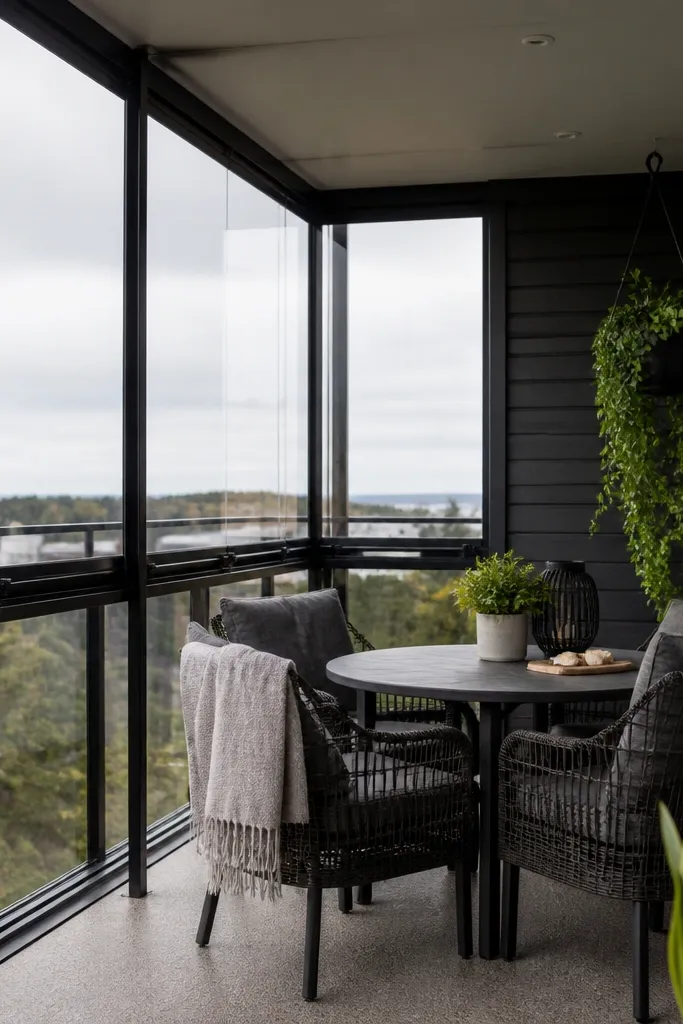 Clear polycarbonate panels in a slim black frame on a balcony railing