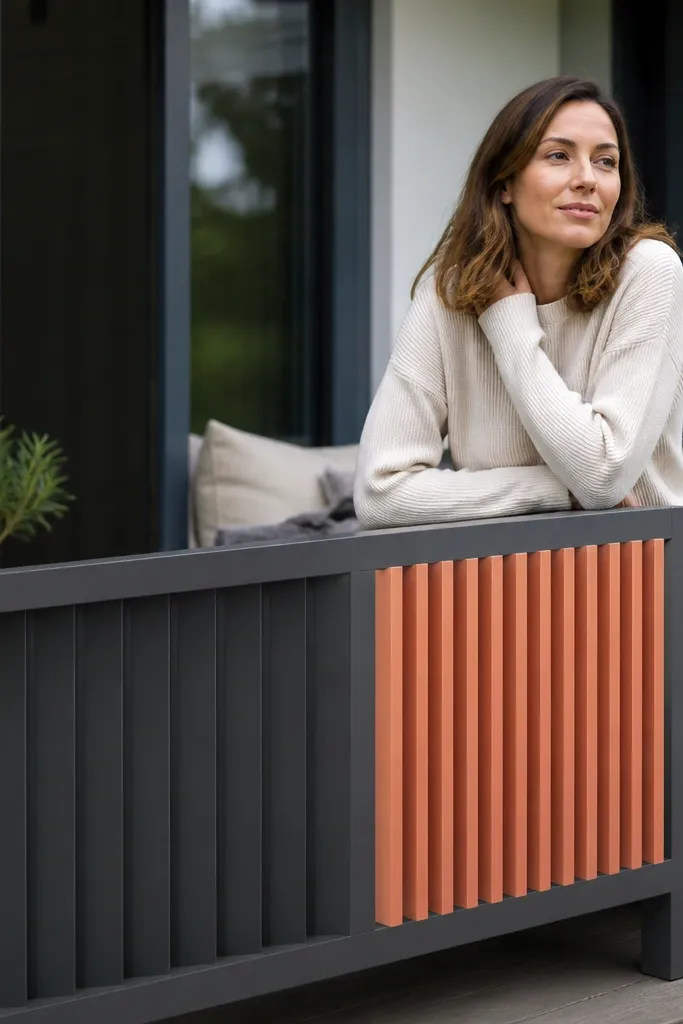 Neutral railing with terracotta slat accent sections on a balcony
