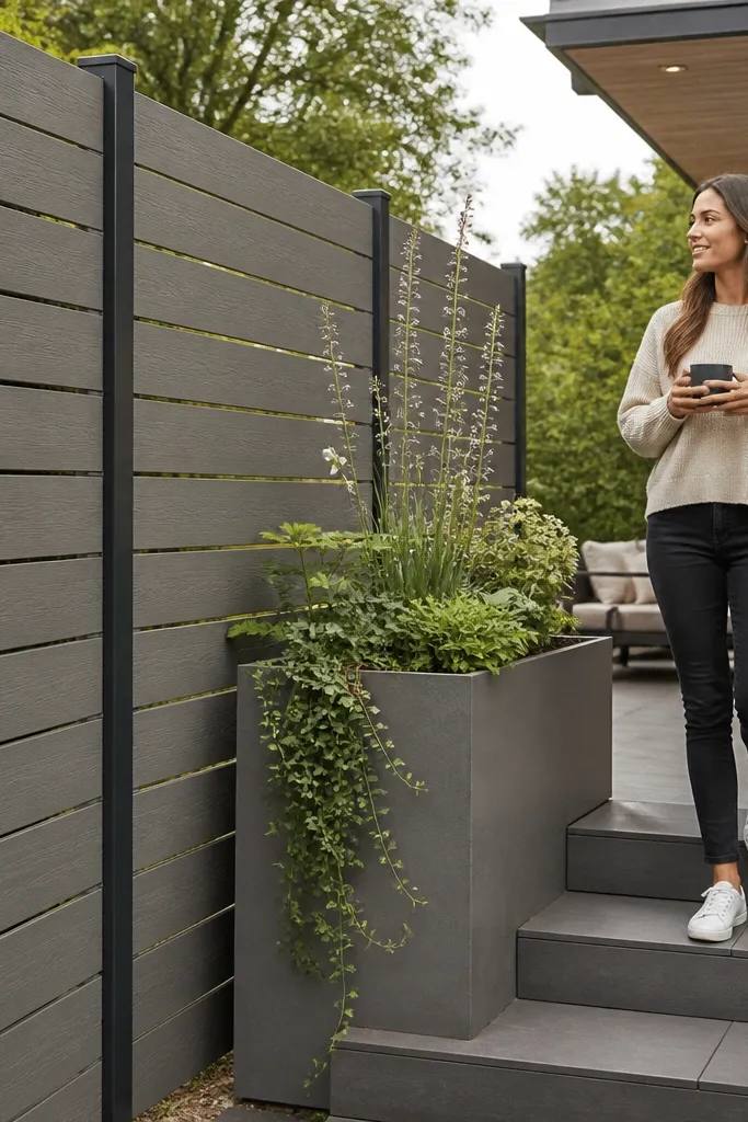 Stone-gray composite railing with narrow vertical gaps for privacy