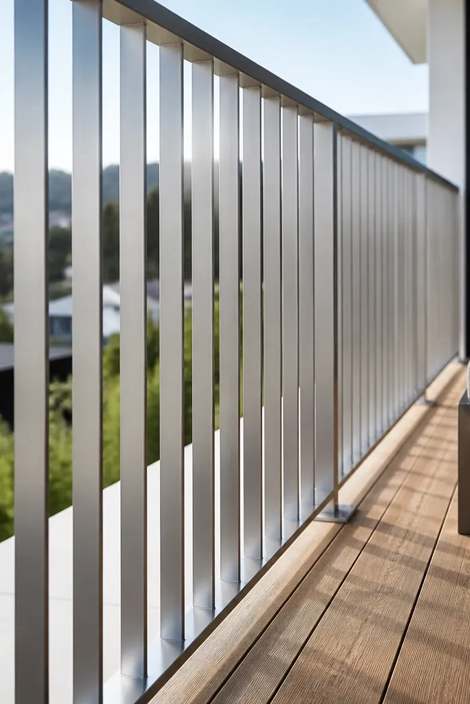 Brushed stainless vertical pickets with a simple top rail on a balcony