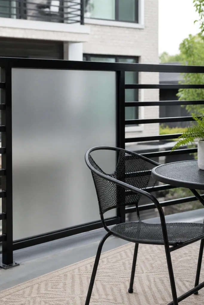 Black horizontal slat railing with a small frosted glass or panel privacy insert