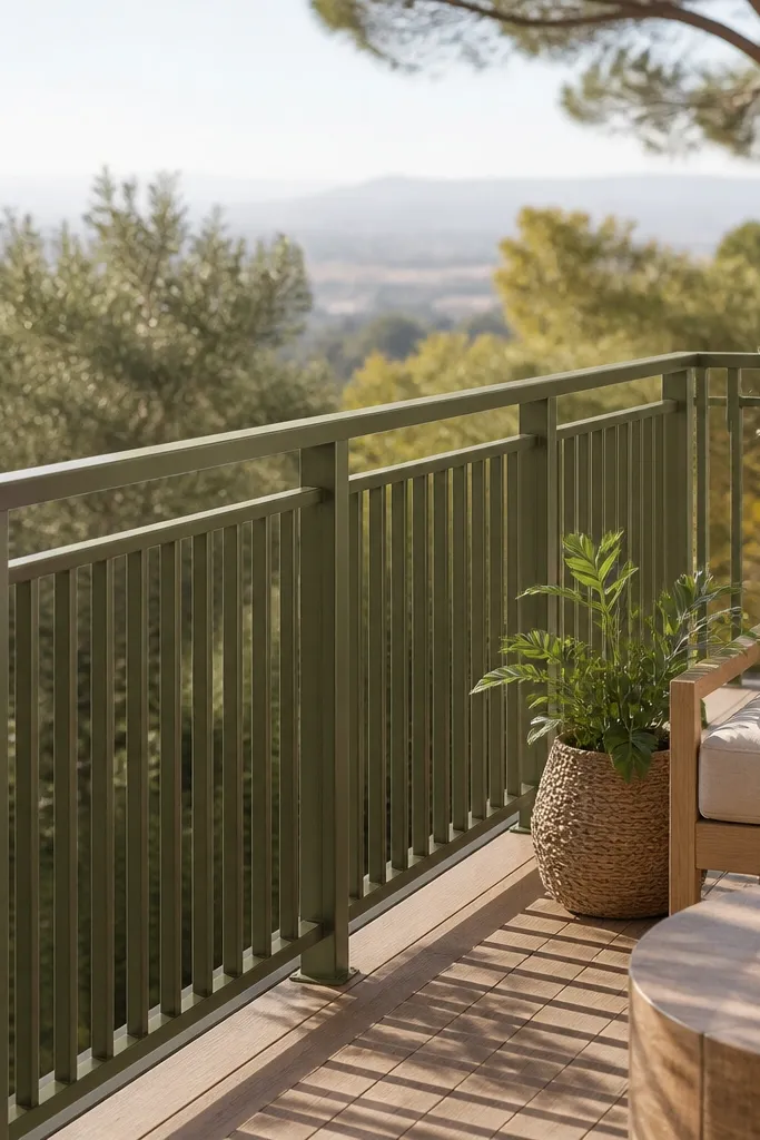 Matte olive green vertical slat metal railing with a clean top rail