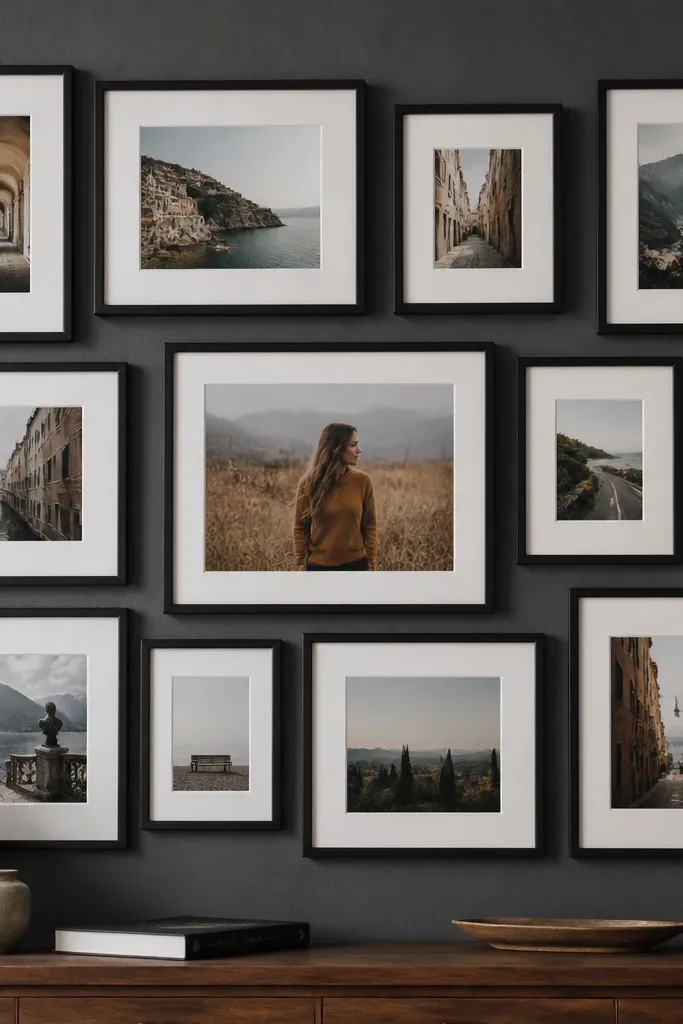Black picture frames in a neat grid with white mat borders between photos