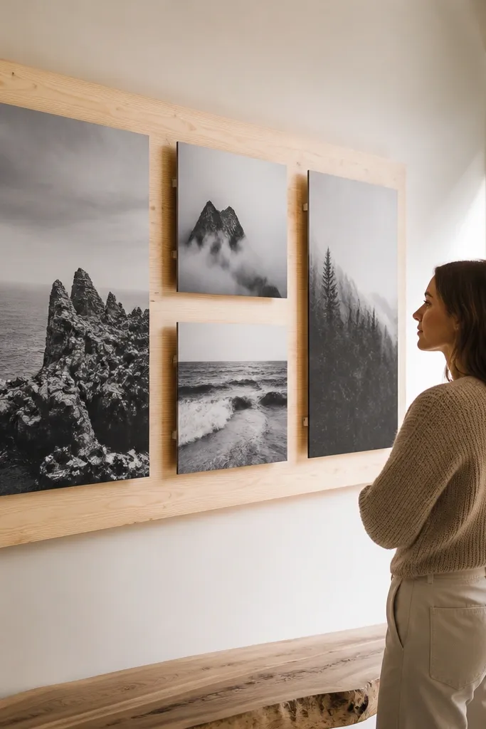 Light wood board with photos mounted slightly away from the surface