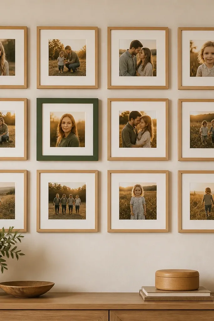A salon-style wall with equal spacing and one standout colored frame
