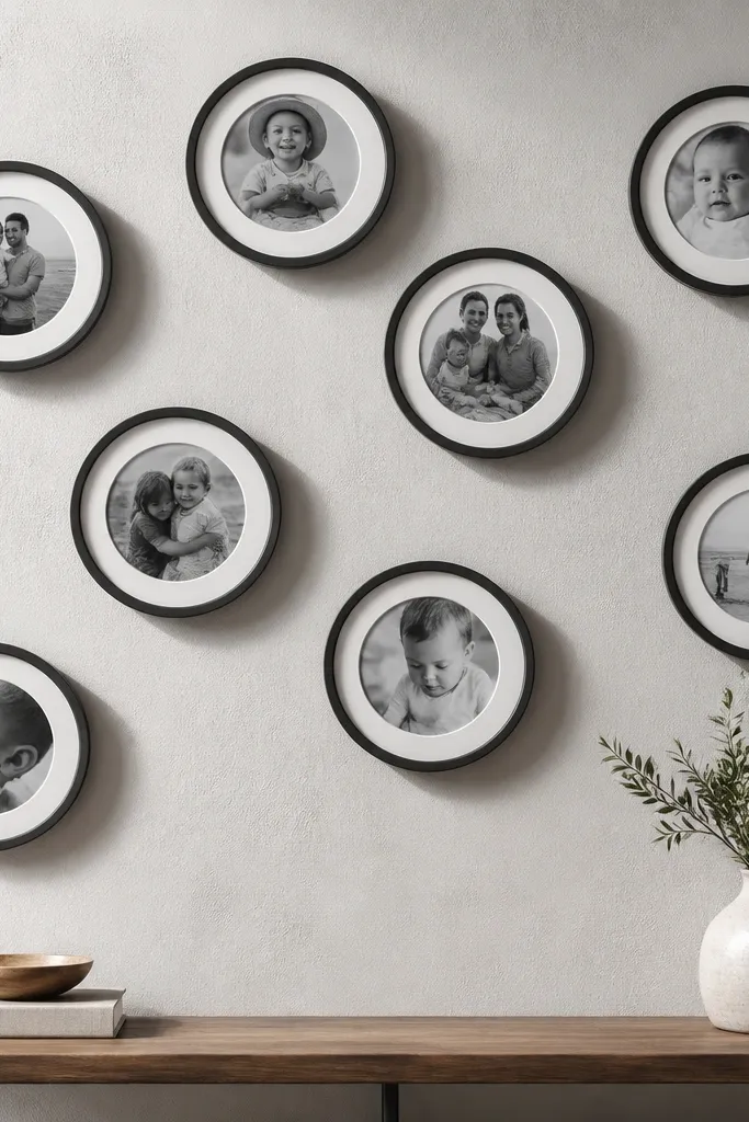 Mixed round frames placed on a rectangular grid layout with consistent spacing