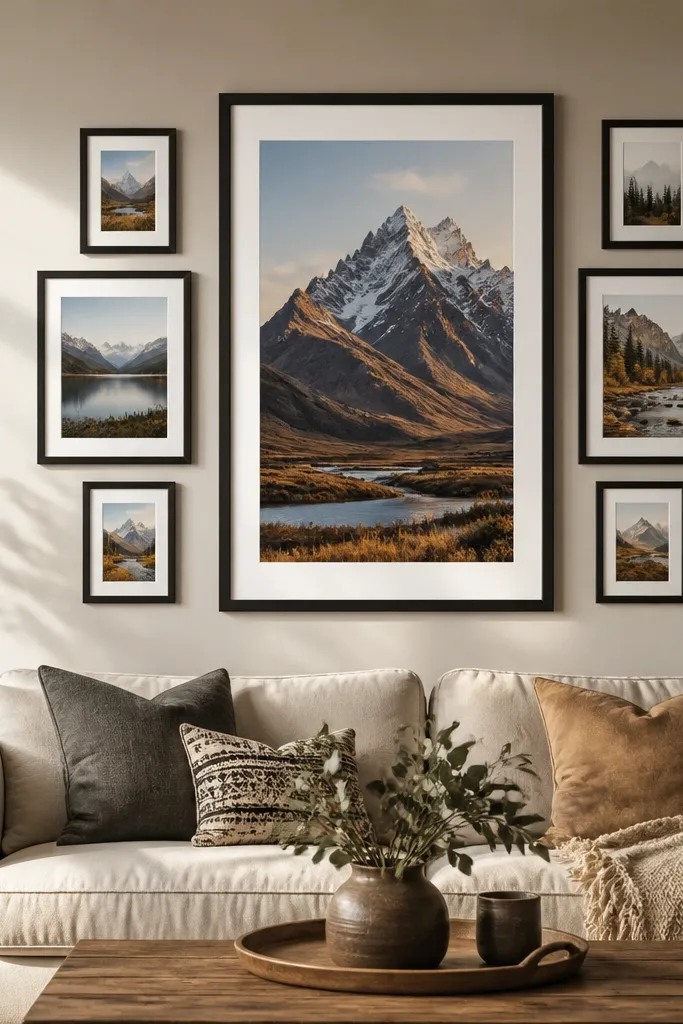 One large framed surrounded by smaller frames evenly spaced