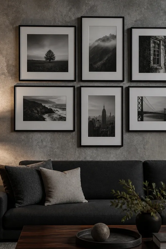 Black-and-white photos mounted on a wall with stone-texture wallpaper