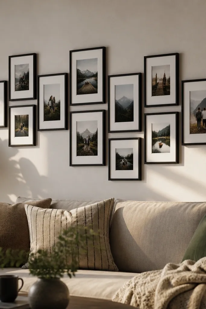 Frames arranged in a staggered wave pattern using two consistent sizes