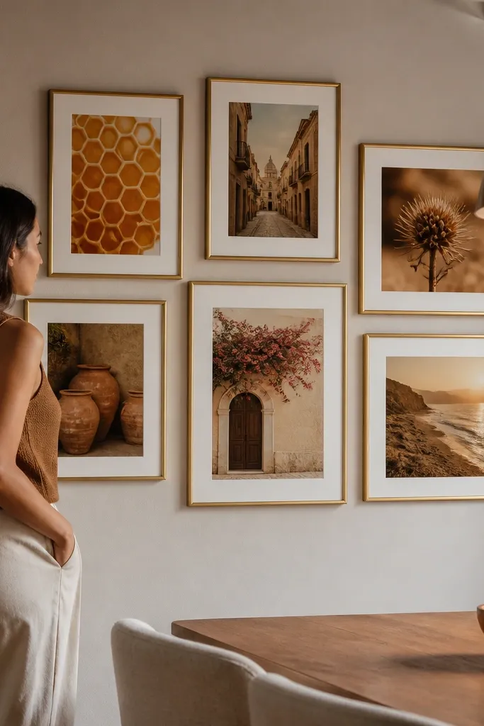 Brass frames with white mats holding warm-toned photos arranged in a clean grid