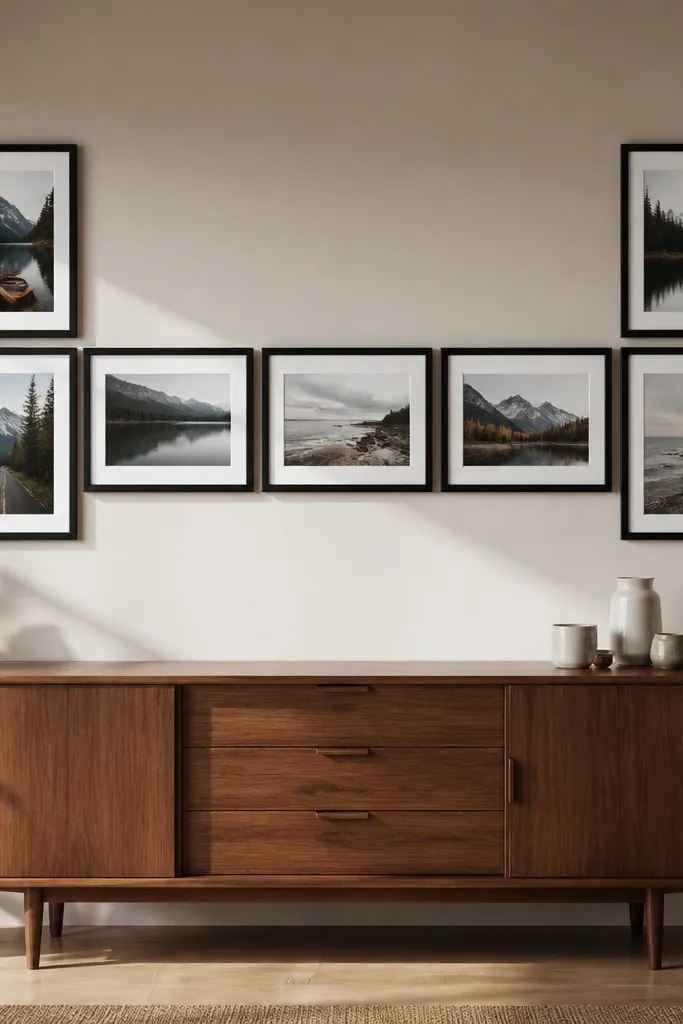 A gallery cluster with a horizontal row of frames and two vertical stacks