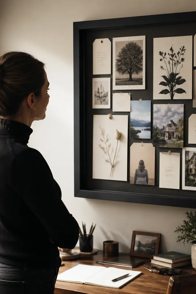 A large shadowbox with layered prints and small labels inside