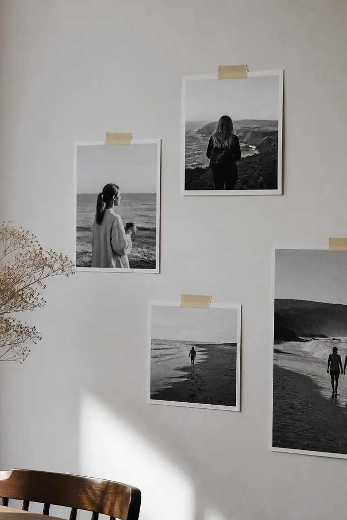 Matte prints arranged with wide gaps, secured with thin tape strips