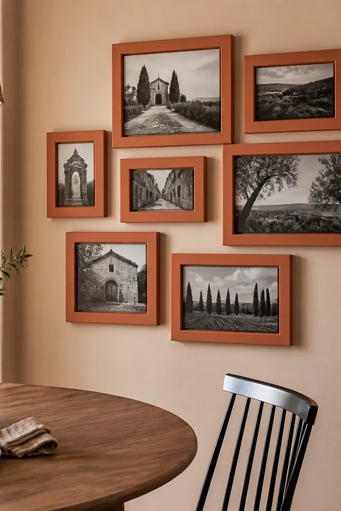 Terracotta-colored frames holding black-and-white photos arranged in a tight cluster