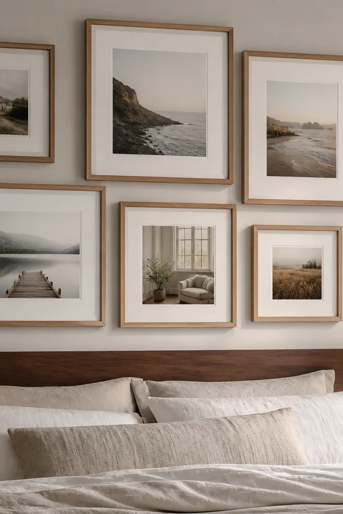 Wood frames with slightly staggered mat borders creating a modern layered look