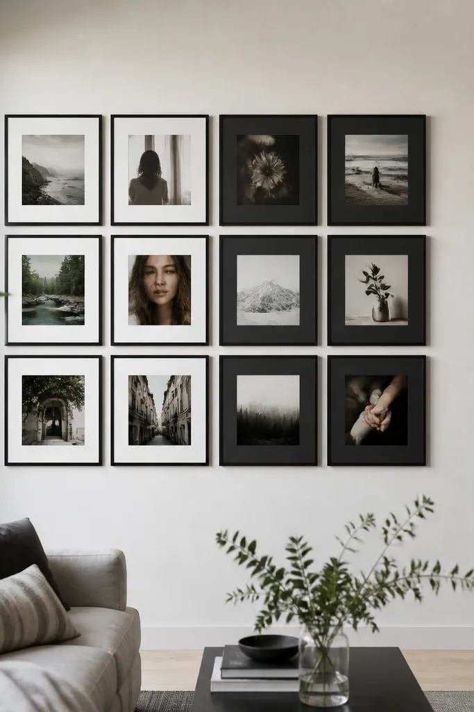 A collage where half the frames have white mats and the other half uses darker mats