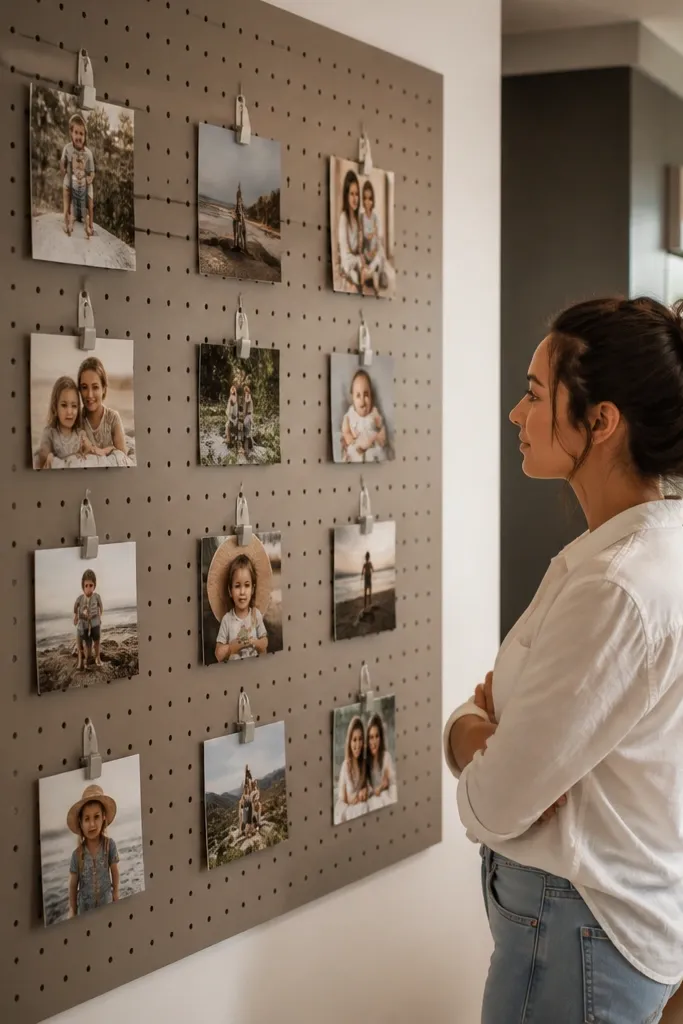 Photos clipped to a pegboard with evenly spaced hooks