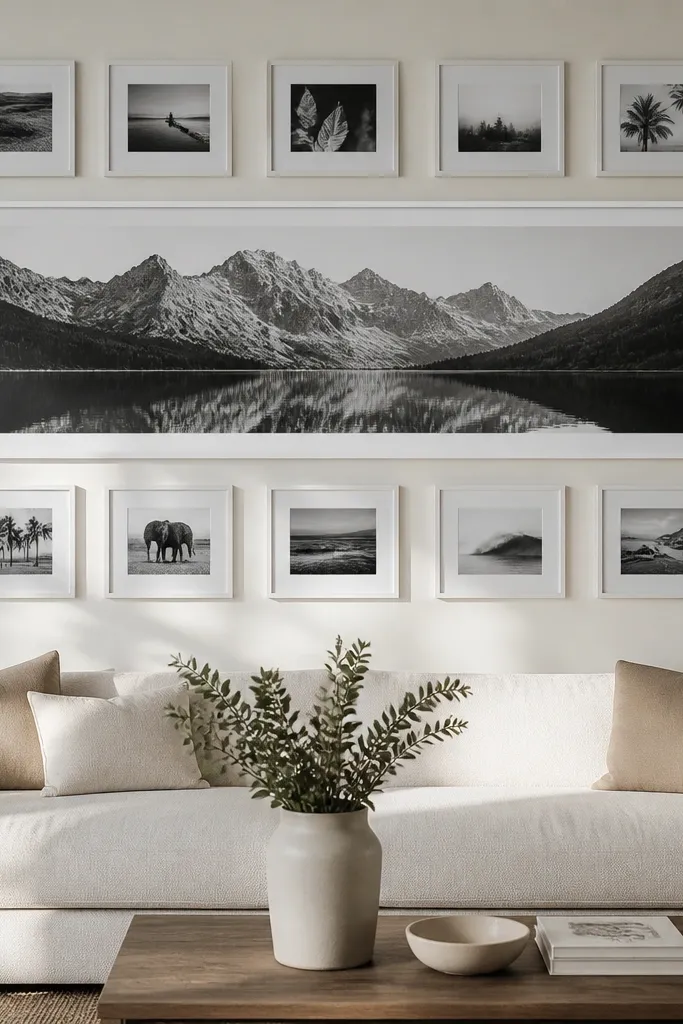 White frames with small photos plus one wide panoramic centered