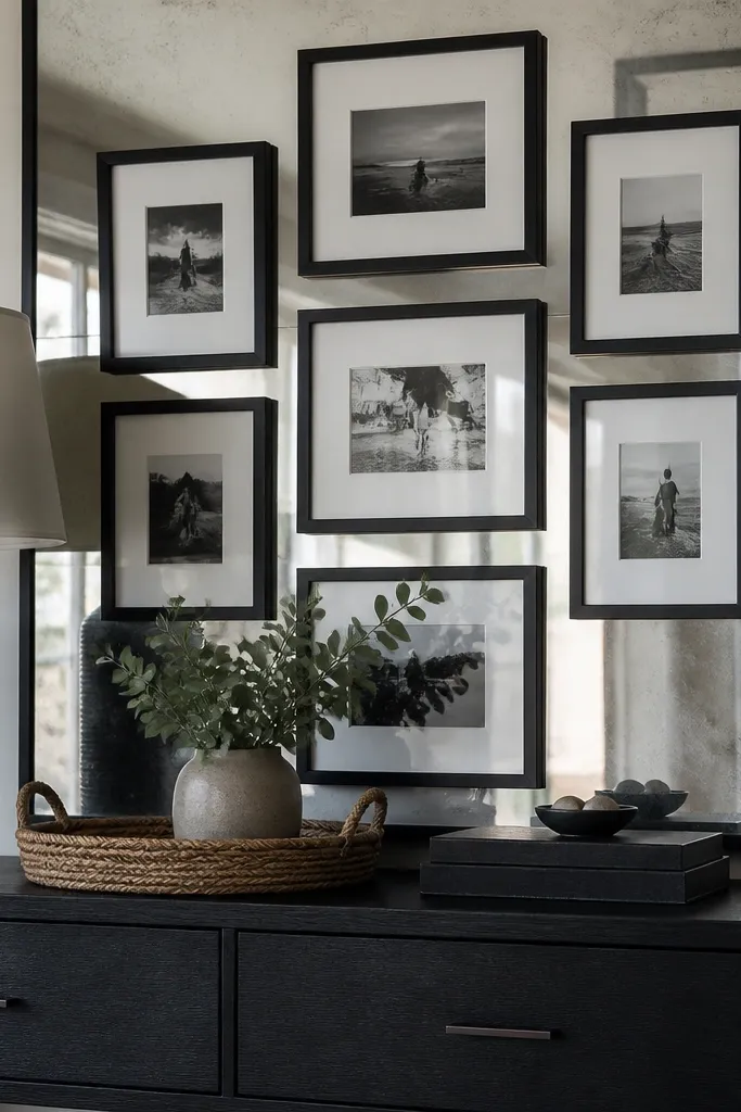 Black framed photos mounted in front of a mirrored backing