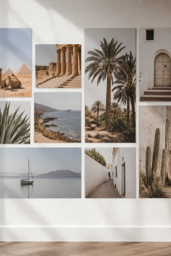 Large paper mats on a wall with photos mounted without traditional frames