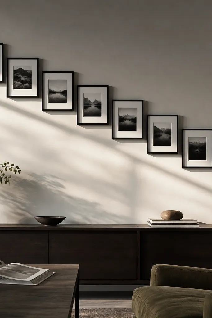 Photos arranged in a diagonal stair-step pattern with equal spacing