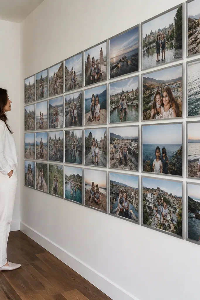Thin aluminum frames arranged in a large grid of photos with consistent spacing