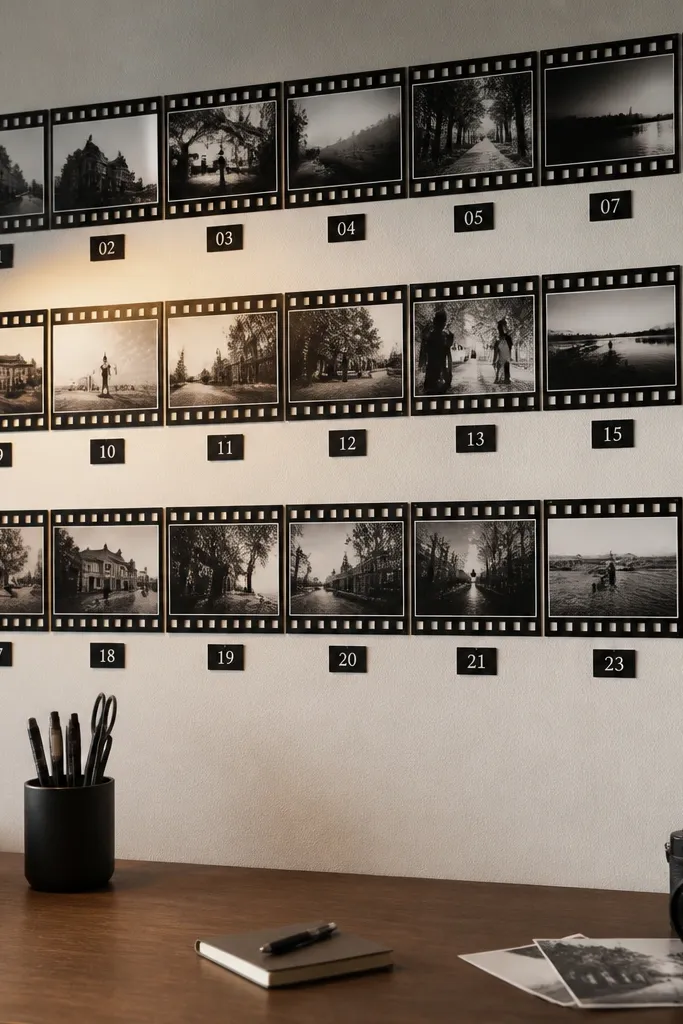 A film strip style collage with small numbered cards between frames