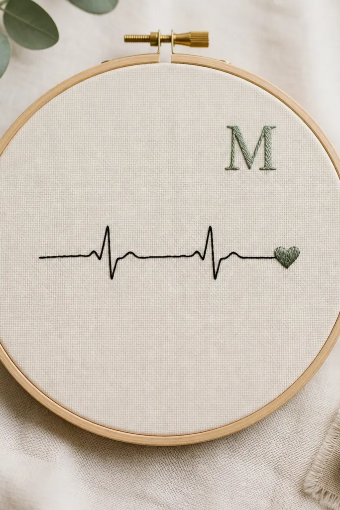 A 6-inch wooden embroidery hoop on a cream linen fabric. In the center is a thin black heartbeat line drawn in embroidery thread, ending in a tiny stitched heart. A single uppercase initial sits in the top right corner in muted sage thread. The hoop has a clean, flat finish with no visible puckering.