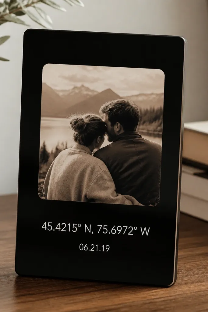 A small black acrylic tile (about 4x6 inches) leaning on a desk. A sepia-toned photo sits in the center with rounded corners. Beneath it, white vinyl lettering reads coordinates and a short date in a clean sans-serif font. The surface looks glossy and smooth with no visible glue marks.