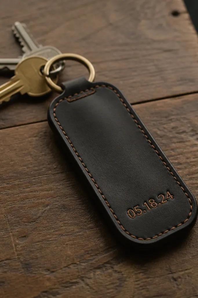 A black leather key fob attached to a set of keys. The fob is rectangular with rounded ends, about 5 inches long. A small stitched date sits near the bottom in tan thread. The edges are burnished and smooth, with no stray glue.