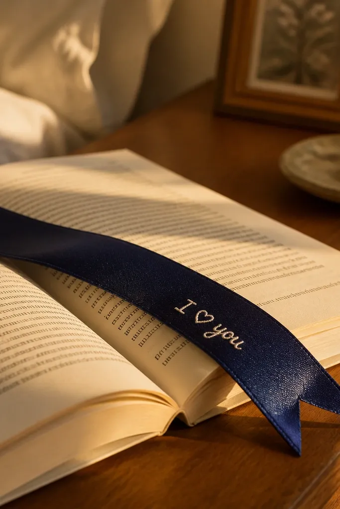 A satin ribbon bookmark in dark burgundy. It hangs straight with a clean folded top and a small embroidered line of text near the bottom. The embroidery is in pale cream thread, centered and crisp. No fraying edges; the ribbon ends are sealed.