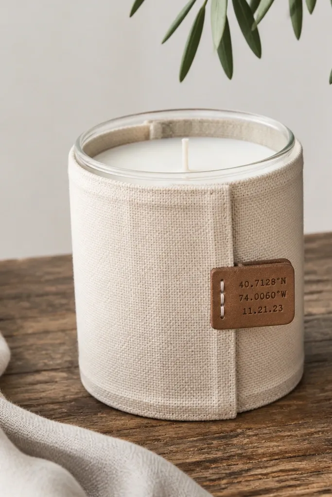 A clear glass candle sits inside a fabric sleeve made from off-white cotton. The sleeve has a neat wrap fit and a small leather tag on the side with coordinates and a short date. The tag is secured with a single stitch and the fabric has clean topstitching.