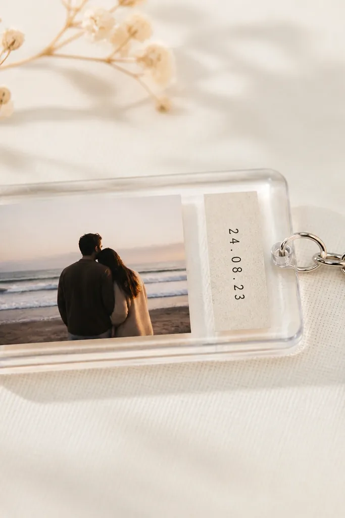 A small transparent resin keychain shaped like a rounded rectangle. Inside the resin is a tiny photo on the left and a thin strip of paper with a date on the right. The edges are perfectly smooth and glossy, with no bubbles visible.