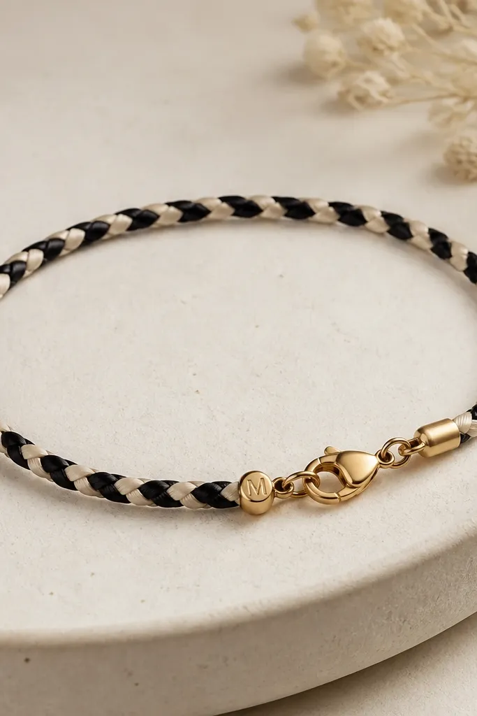 A slim bracelet in black and cream braided cords. Near the clasp there is a single tiny round bead in matte gold with an engraved initial. The weave is even with no loose ends, and the clasp looks neat.