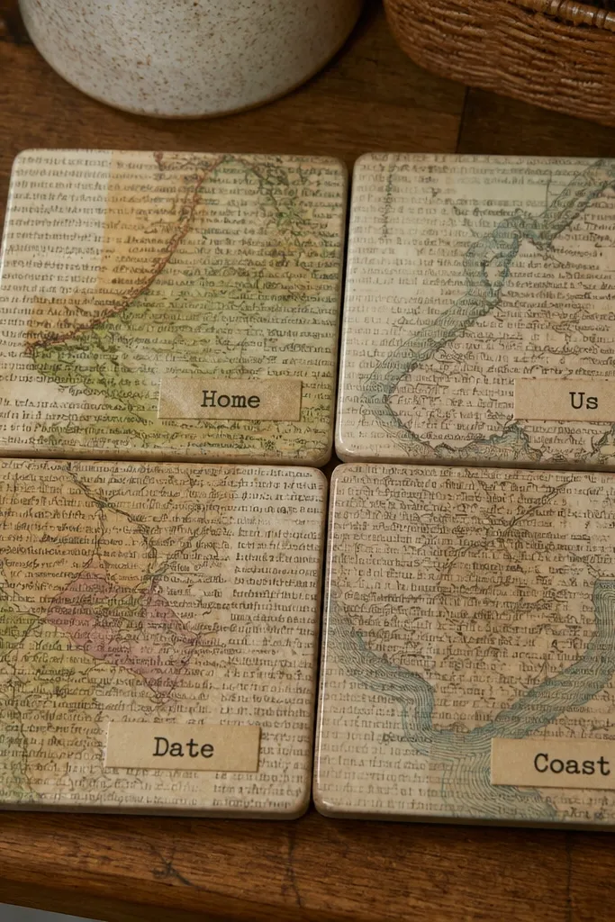 Four square coasters with a vintage map pattern. Each coaster has a clean border in dark charcoal. A small printed label on the corner reads a city name and date. The surface is sealed and glossy, with no peeling edges.