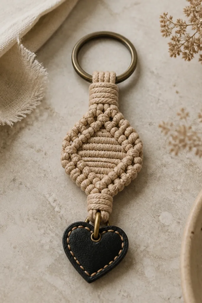 A small macramé keychain in natural tan rope. The knots form a clean geometric pattern with a flat center. A single black leather heart tag hangs from the bottom, stitched with tan thread. The rope ends are trimmed evenly.