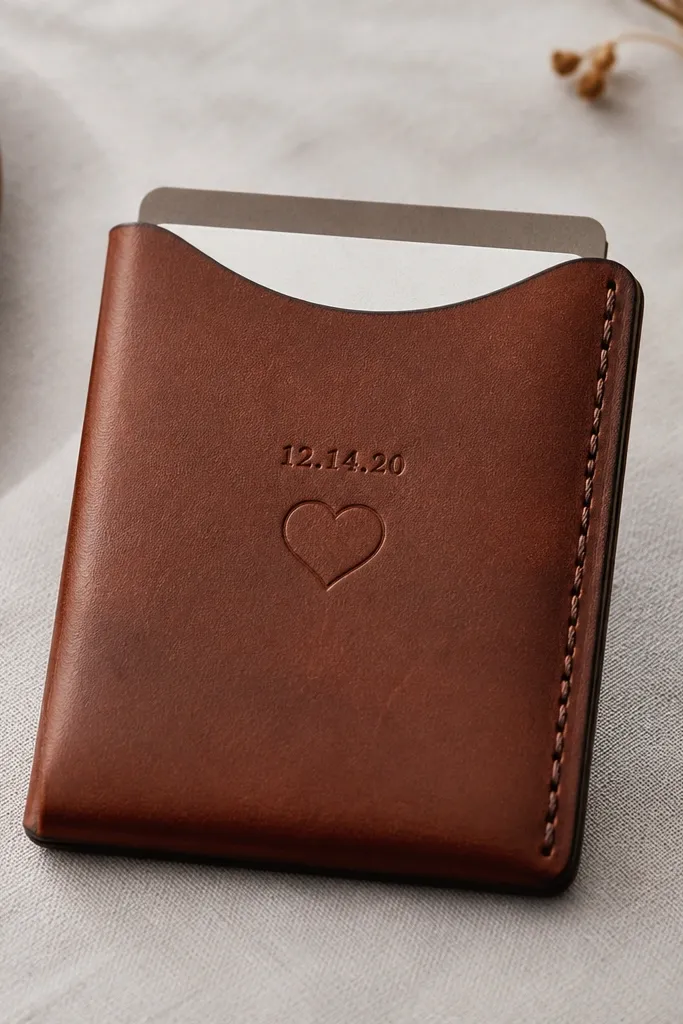 A slim brown leather sleeve holding a couple of cards. On the front, a small stamped date sits centered above a faint heart outline. The edges are dyed and burnished, with a clean single-stitch seam on the side.