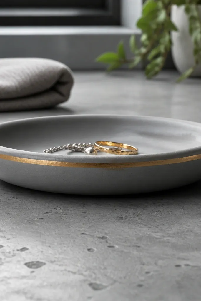 A small round ceramic dish with a gray speckled look. One thin gold line arcs across the dish near the rim. A tiny handwritten-style initial is painted in cream near the center. The glaze looks even with no drips.