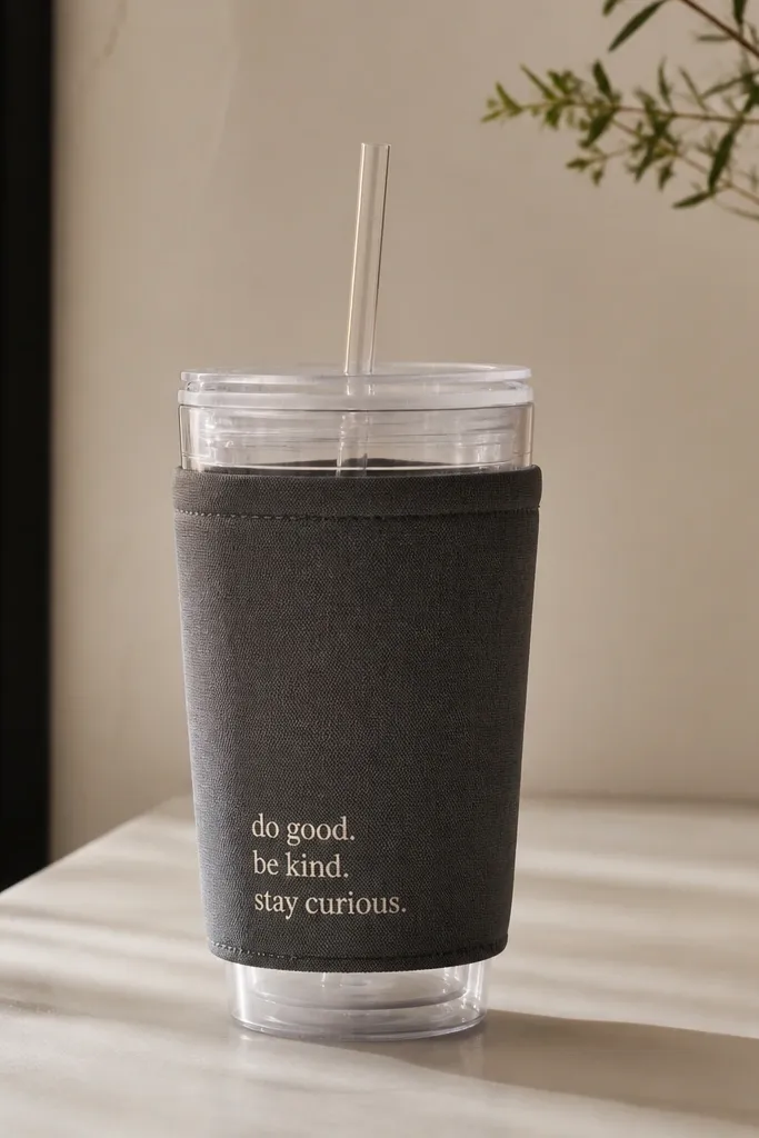 A reusable cold cup tumbler with a cloth sleeve wrapped around it. The sleeve is charcoal gray with a small light cream screen-printed quote near the bottom. The print is crisp with sharp edges and no smudging. The top seam is clean and straight.