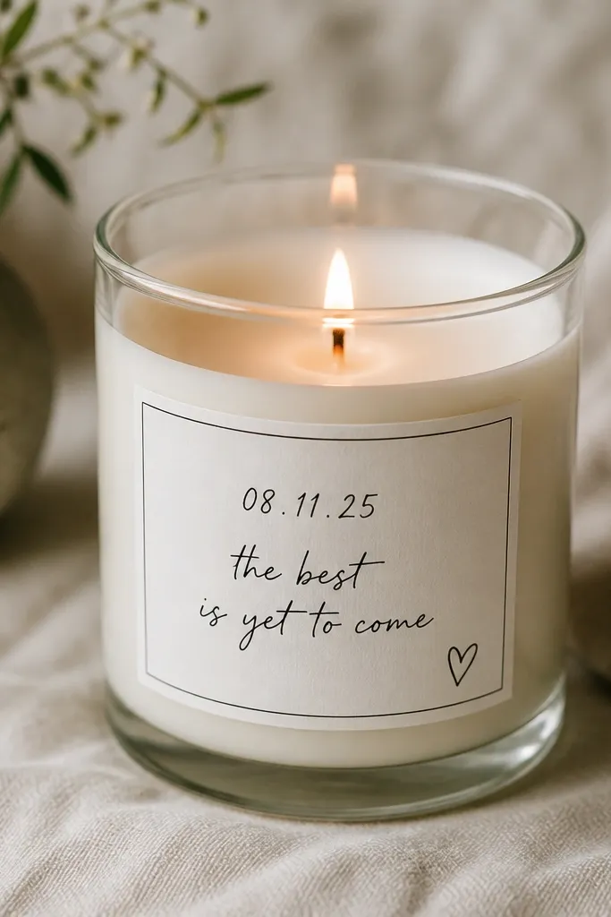A glass jar candle with a custom paper label around the middle. The label is white with a thin black border. Hand-lettered text in black reads a date and a short phrase, plus a small heart drawn in the corner. The label edges are crisp and aligned.