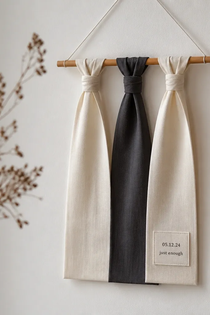 A small fabric banner hanging on a wall. It has three strips of off-white and charcoal fabric tied into knots. A small stitched tag reads a date and a short line, and the banner hangs from a thin wooden dowel. The fabric edges look clean, not frayed.
