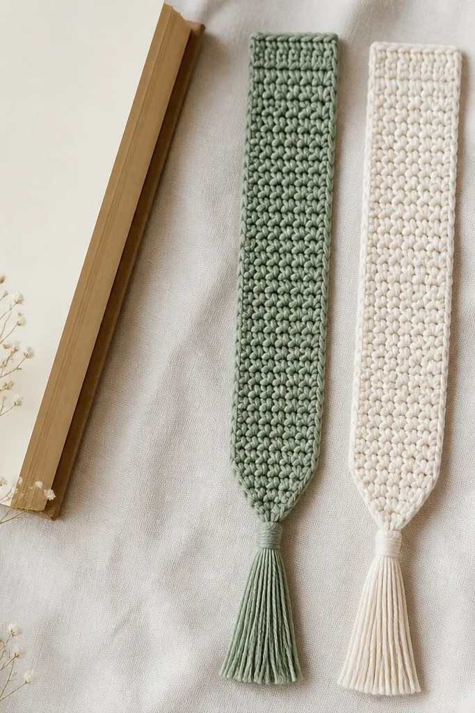 Two crochet bookmarks, one in sage green and one in cream. Each has a flat top edge, a row of small stitches, and a long thin tassel at the bottom. The loops are even with no loose ends, and the tassels look straight.