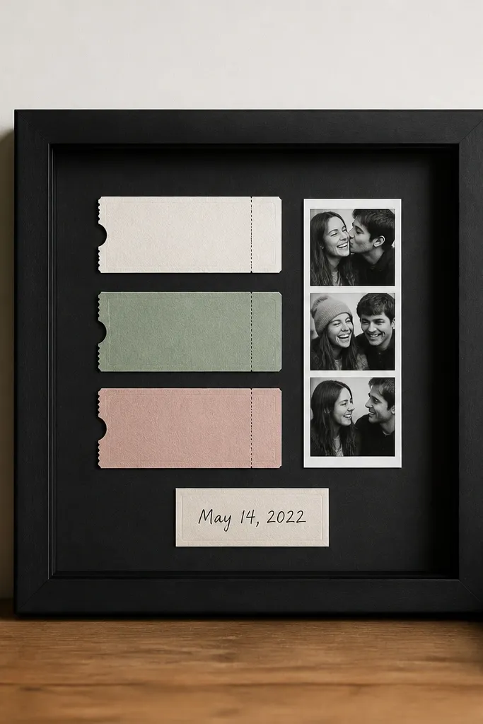 A small shadowbox frame with a black mat. Inside are two or three ticket stubs, a tiny photo strip, and a handwritten date label. Everything is aligned in a tidy grid with no tape showing. The glass is clear and the stubs don't sag.