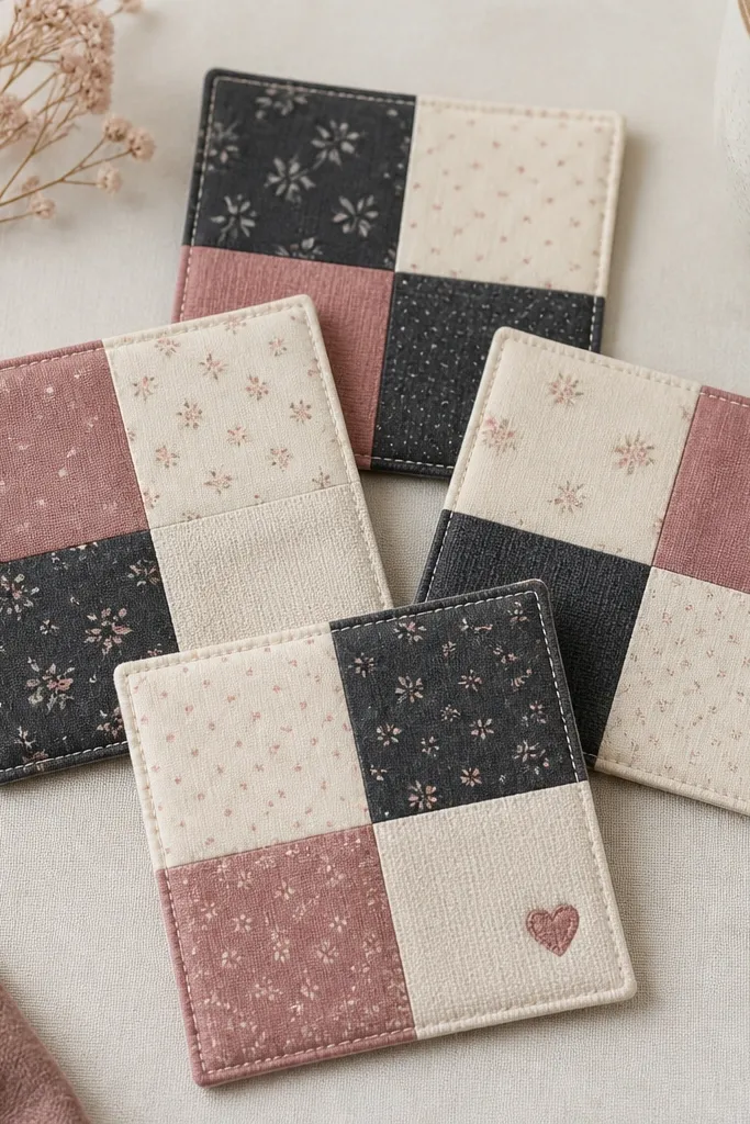 A set of four fabric coasters made from patchwork squares in cream, charcoal, and muted rose. Each coaster has a clean stitched border. One coaster has a tiny embroidered heart in muted rose thread. The edges are neat with no fraying.
