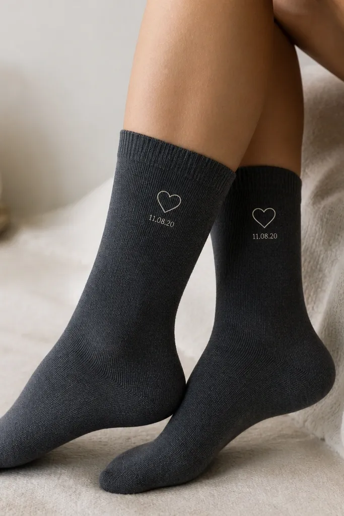 A pair of dark gray crew socks with a small heat-transfer design near the ankle. The design is a thin cream line drawing of a heart and a short date text below it. The print looks smooth and centered, with no cracking visible.