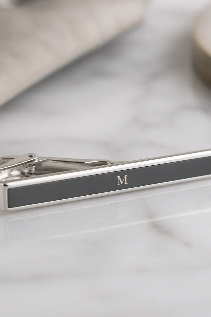 A silver tie clip with a slim painted strip across the center. The strip is charcoal with a small cream initial painted on it. The paint is smooth and sealed, and the clip has a clean shine with no smudges.